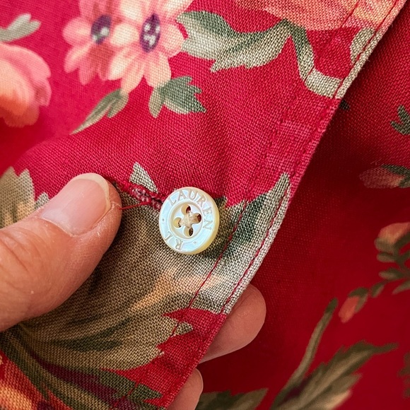 LRL Linen Floral Button Down Camp Shirt Women’s Medium Cottagecore Red Green - Picture 8 of 16